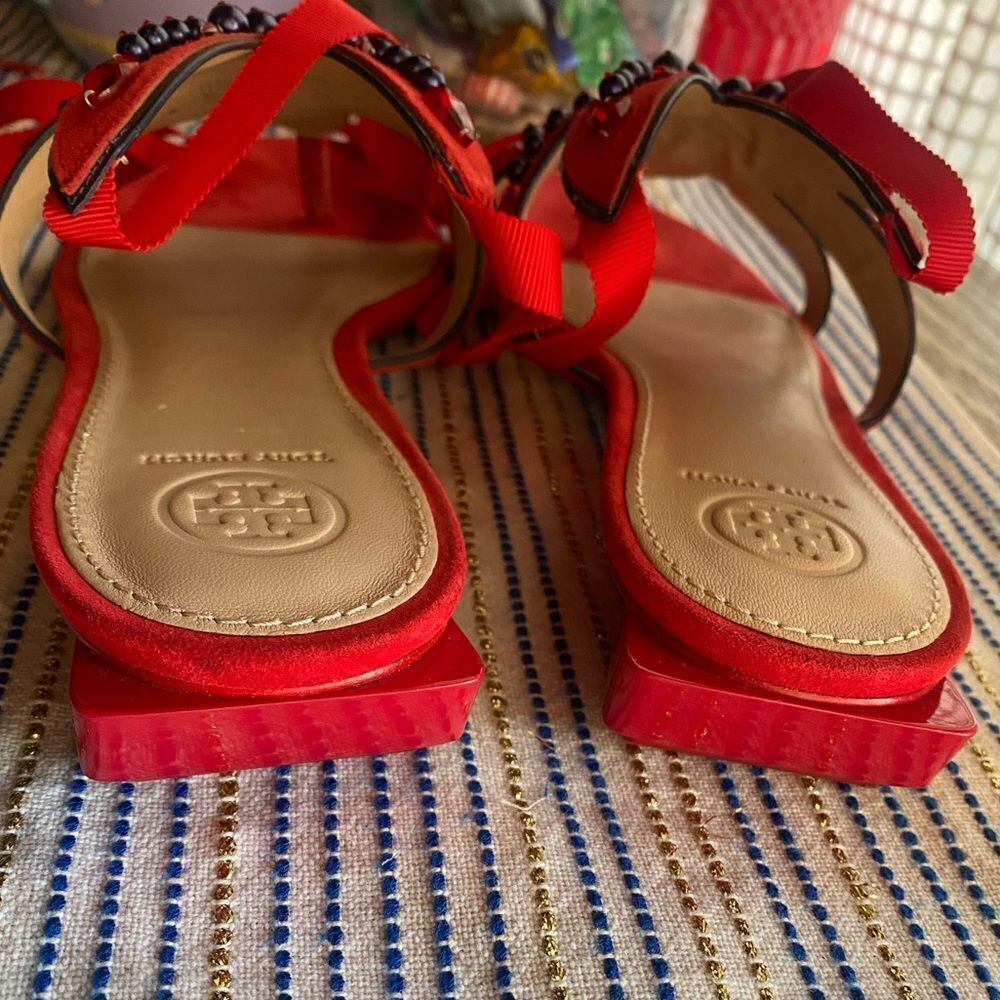 Tory Burch Suede Red Beaded Women's Sandals Sz 9 - Picture 6 of 8
